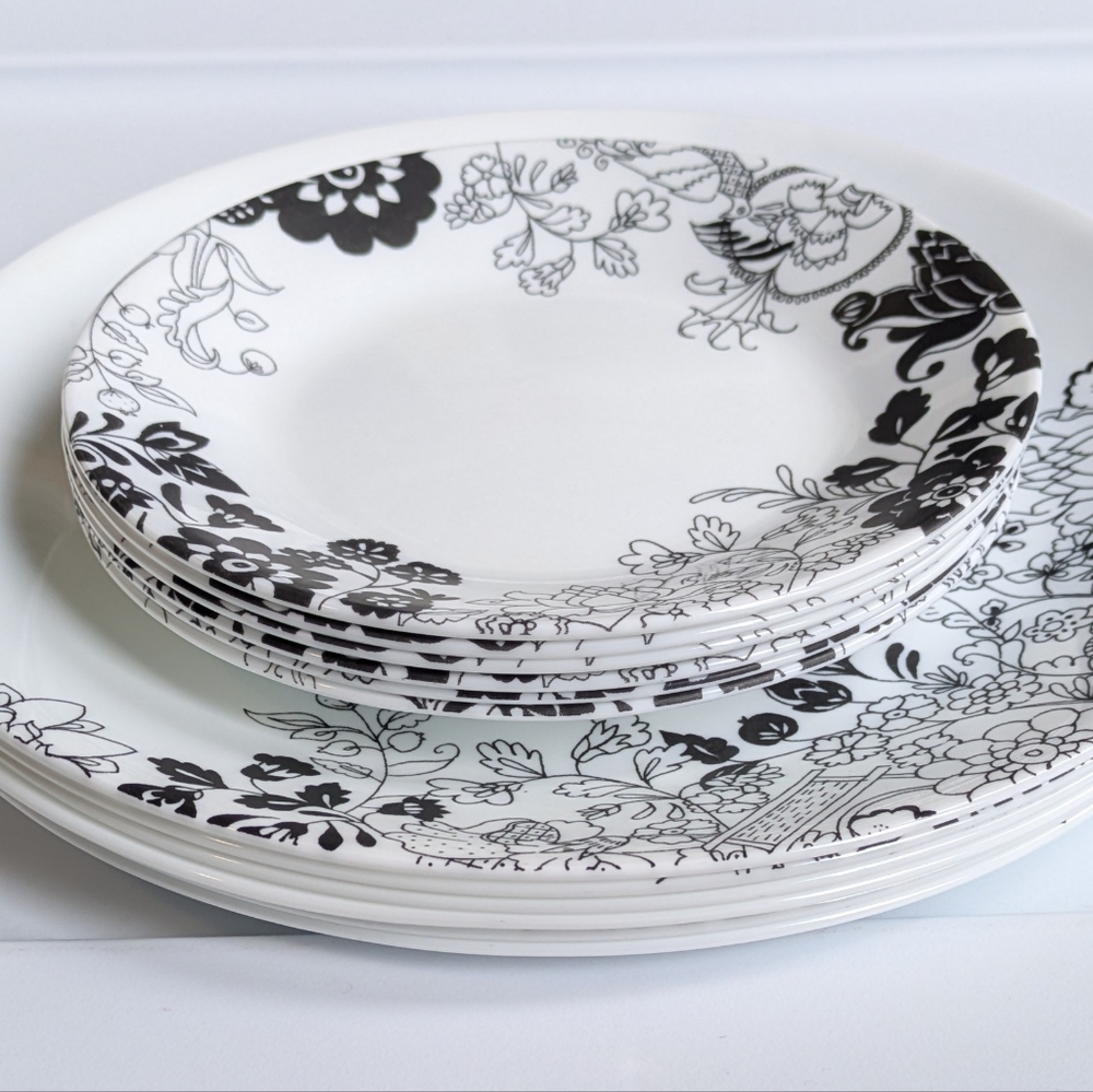 12 Corelle Uptown Garden Plates, 6 Appetizer & 6 Dinner, Black & White Floral - Picture 12 of 15